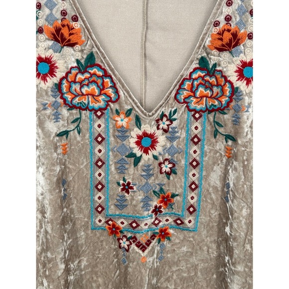 Savanna Jane Velvet Embroidered Tunic Top Kaftan Beige M L Boho - Picture 3 of 10